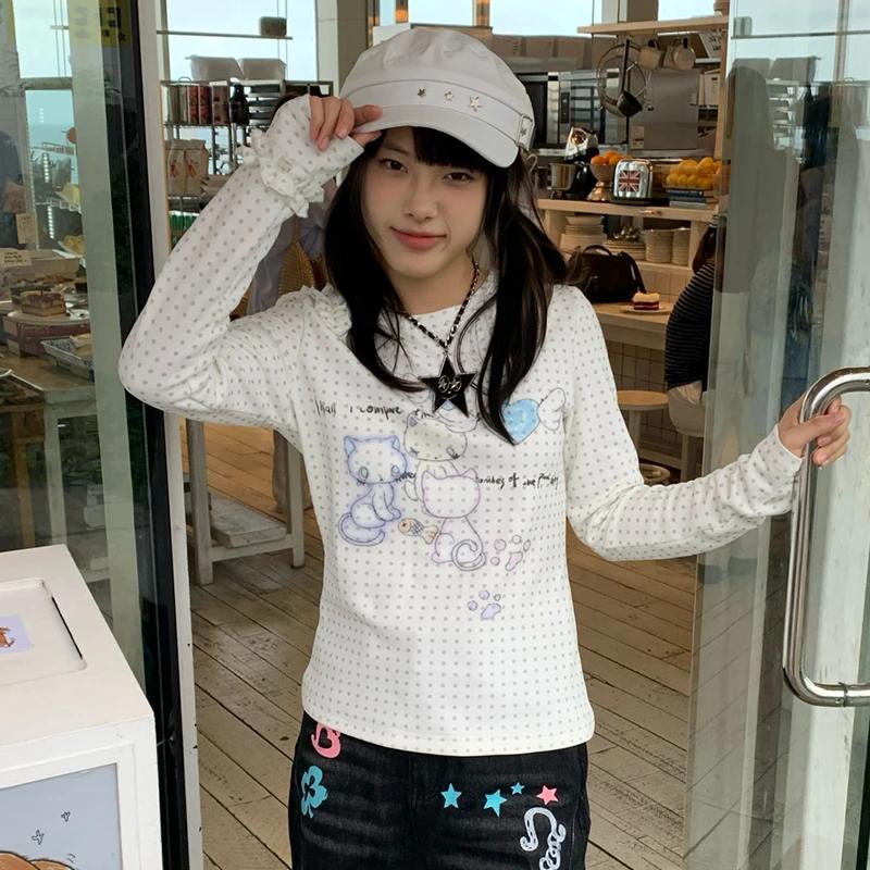 Karrram japonais Y2k Anime imprimé tricoté hauts 2000s esthétique à manches longues T-shirt Cutecore