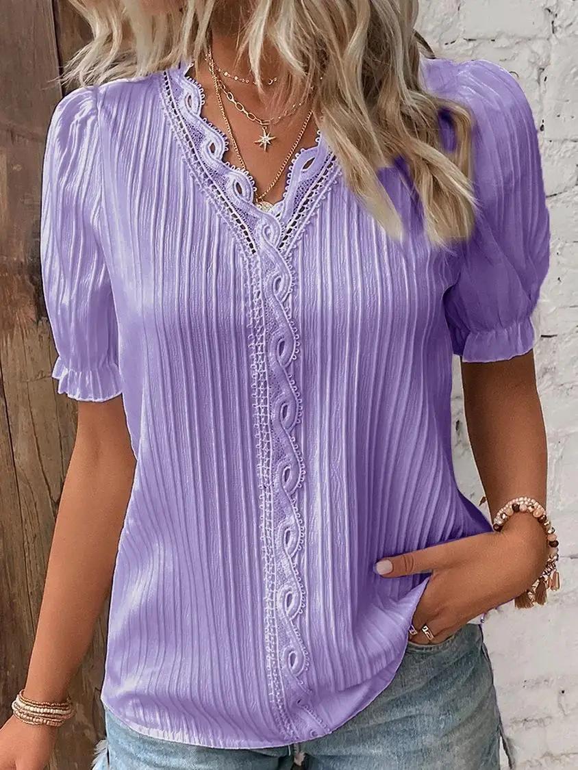 Chemisier élégant à manches courtes pour femme, chemise col en V, patchwork de dentelle, été