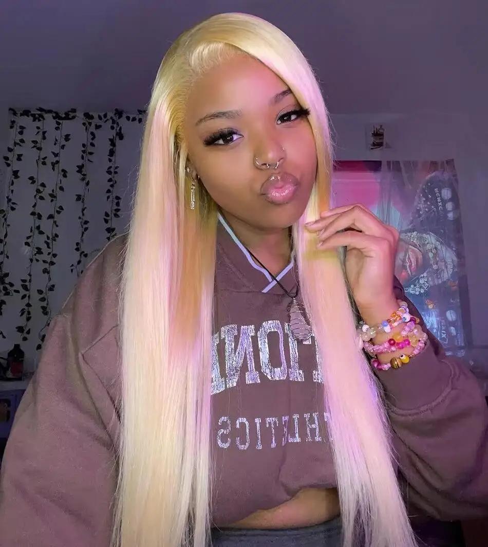 613 Blonde 13x6 HD dentelle avant perruques de cheveux humains 38 "hute colorée droite 13x4 HD Trans