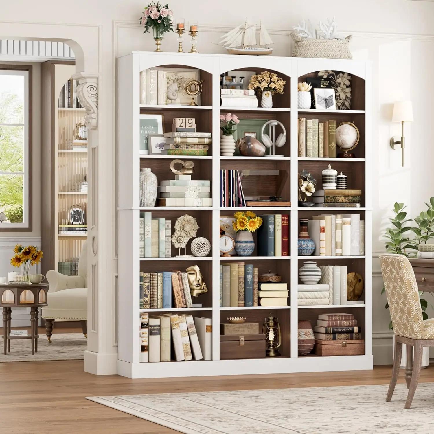 Étagère à livres triple large de 71 pouces, bibliothèque haute à 6 niveaux, grande bibliothèque avec