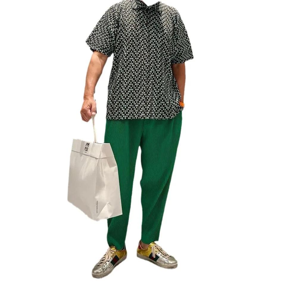 Miyake hommes été pantalon plissé décontracté plissé effilé neuf points pantalon cordon plissé confo