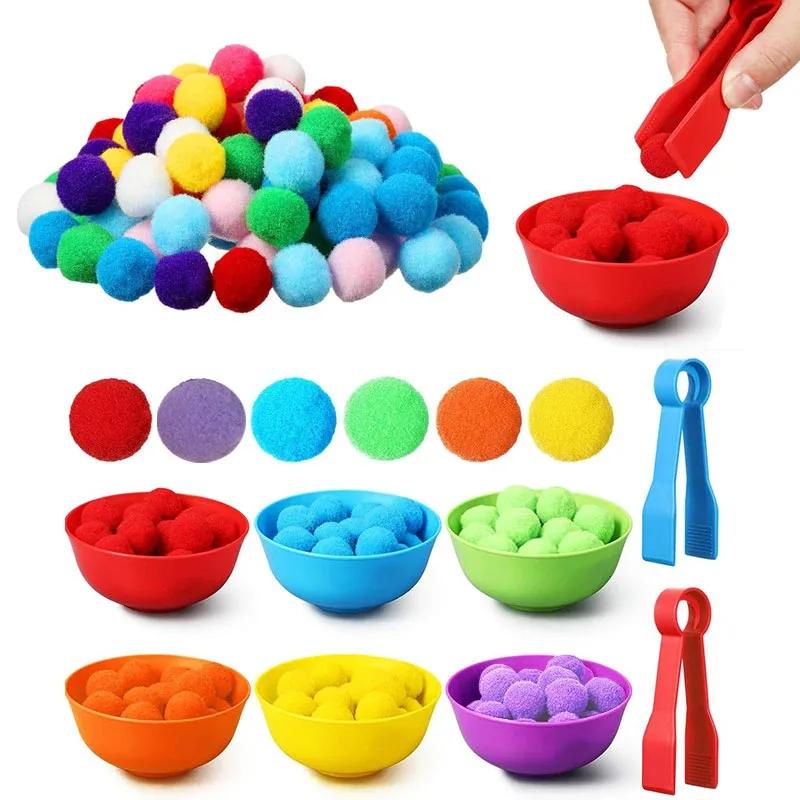 Jouets de comptage et de tri pour enfants, pompons, couleurs arc-en-ciel, bols en plastique, pincett
