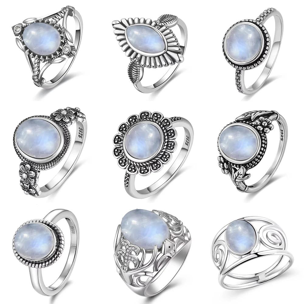 Bague Vintage en argent 925, pierre de lune naturelle, fleur, forme d'oeil creux, ronde, soleil et l