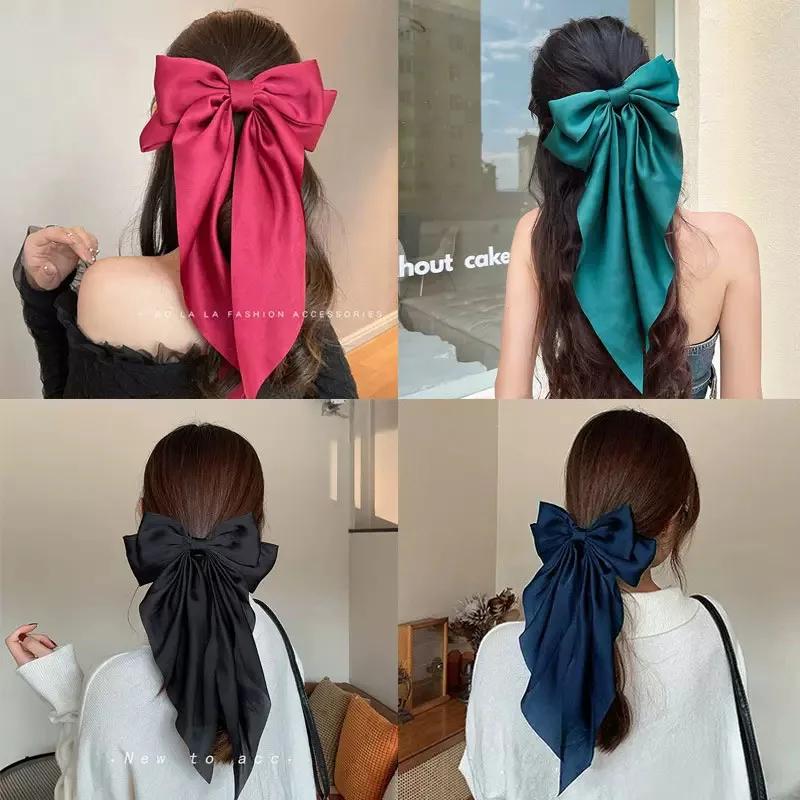 Élégante Pince à Cheveux en Ruban avec Grand Nœud Uni pour Femme et Fille, Bandeaux Doux en Satin, É