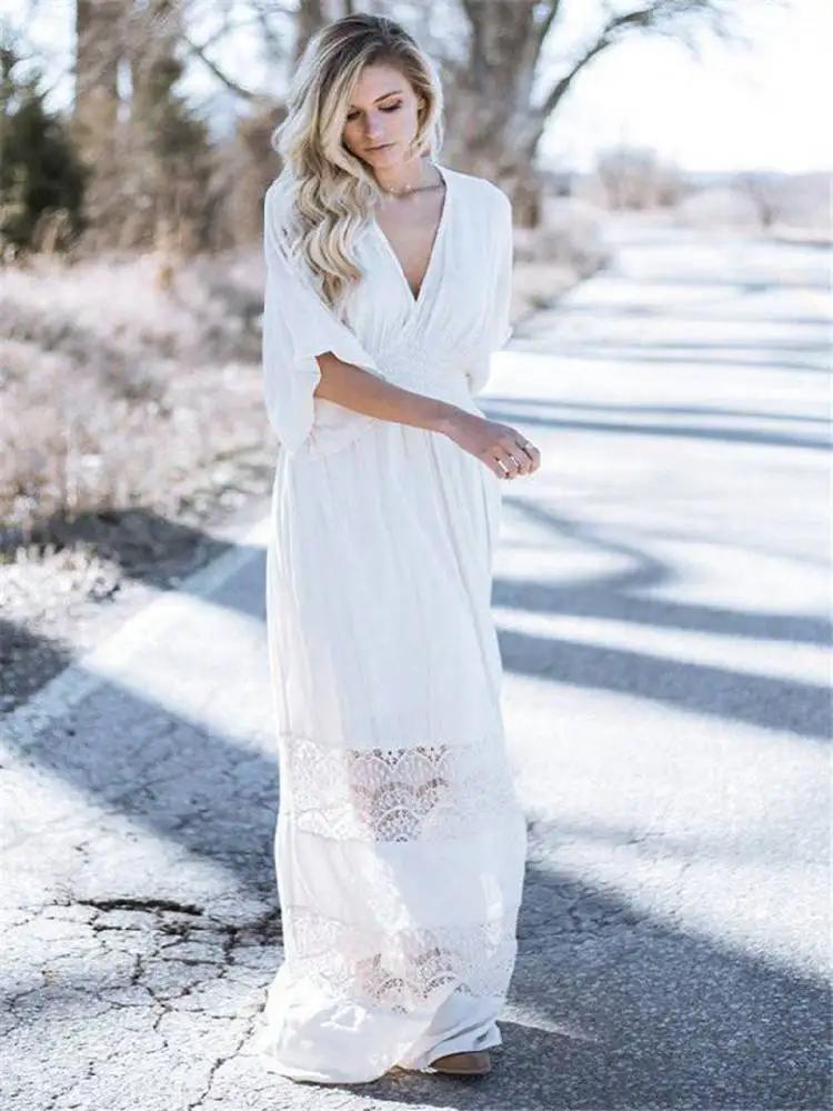 Robe longue d'été en coton blanc pour femmes, style bohème, sexy, décolleté en V profond, demi-manch