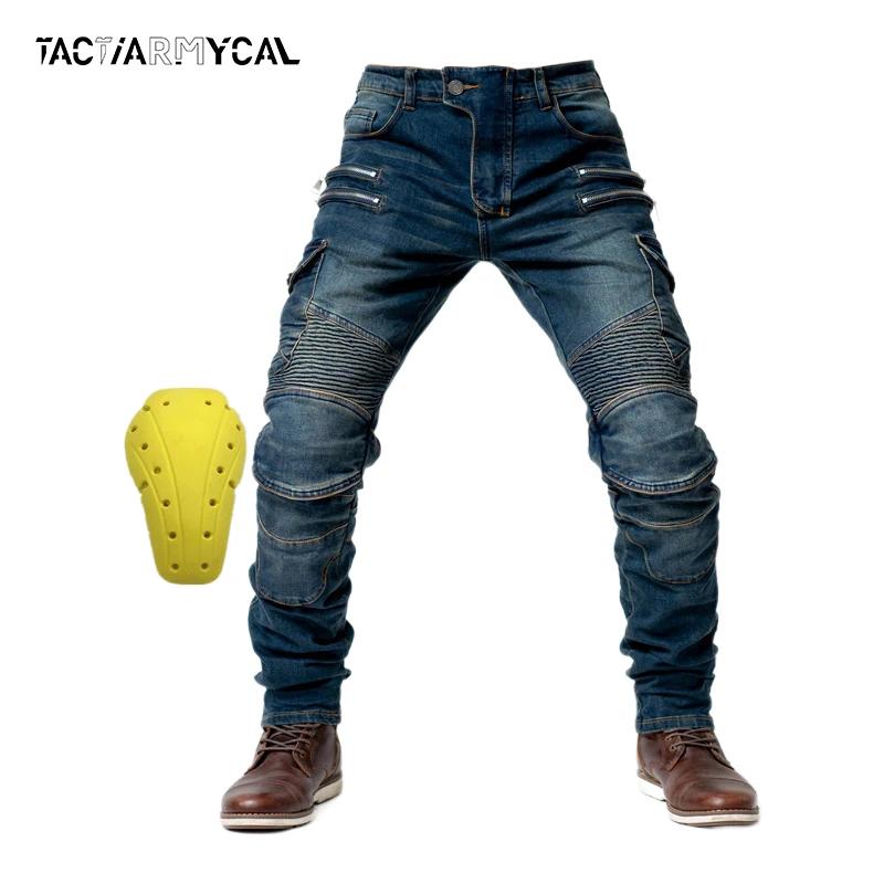 Jeans d'équitation de moto multi-poches pour hommes, pantalons d'équitation avec genouillères, denim