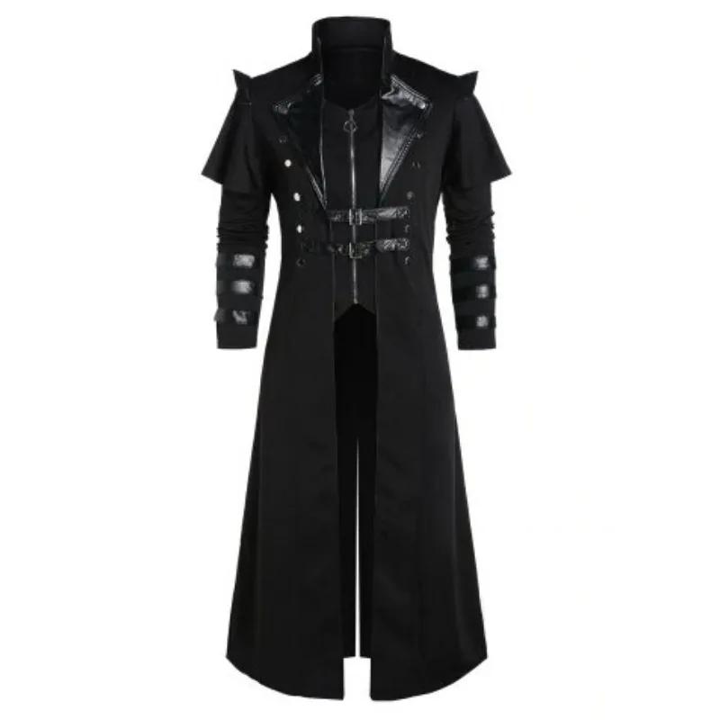 Vintage Halloween médiéval Steampunk Assassin elfes Pirate Costume adulte hommes noir longue veste f