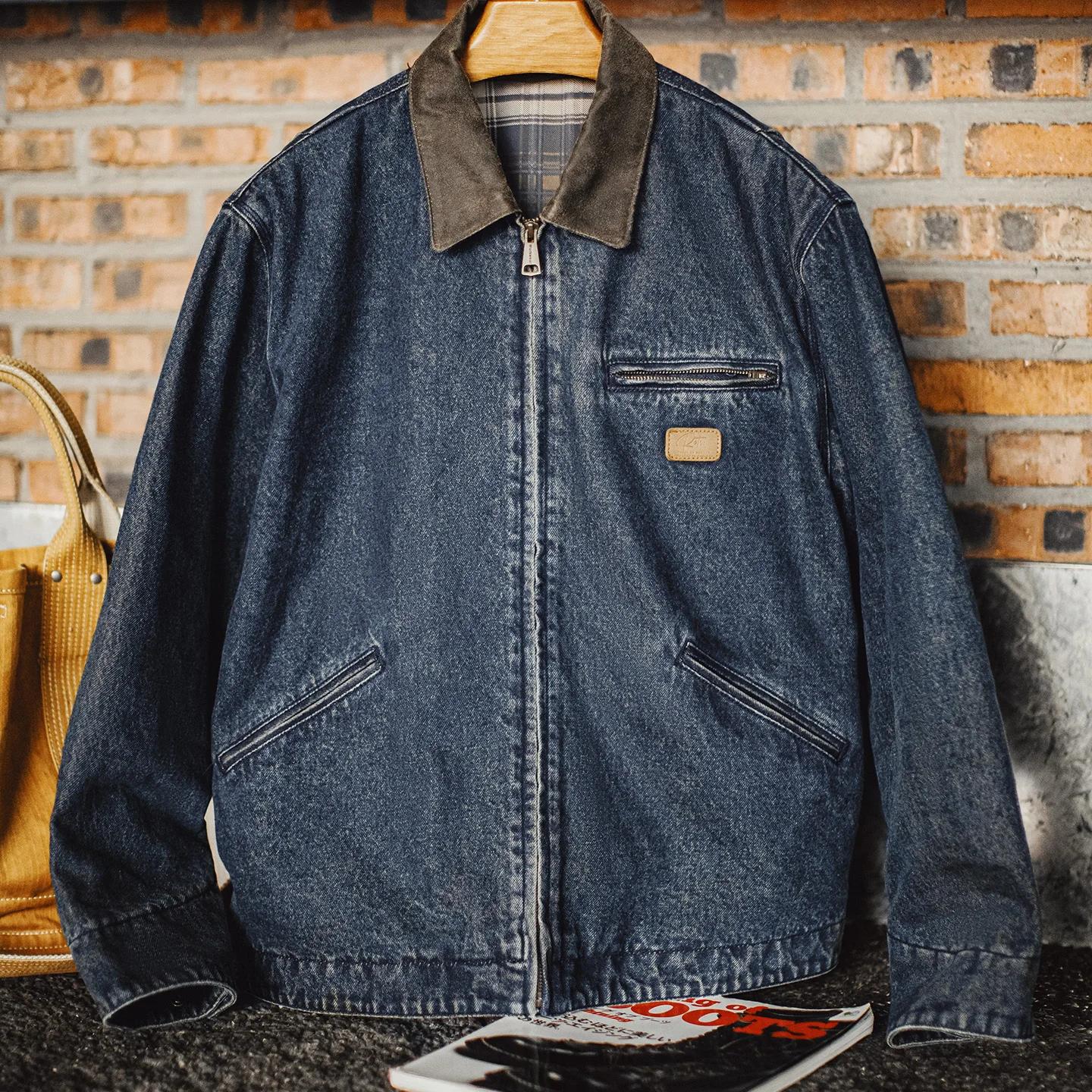 Veste en jean Detroit vintage pour homme Maden, 10,5 oz, courte, lourde, style safari, col à revers,