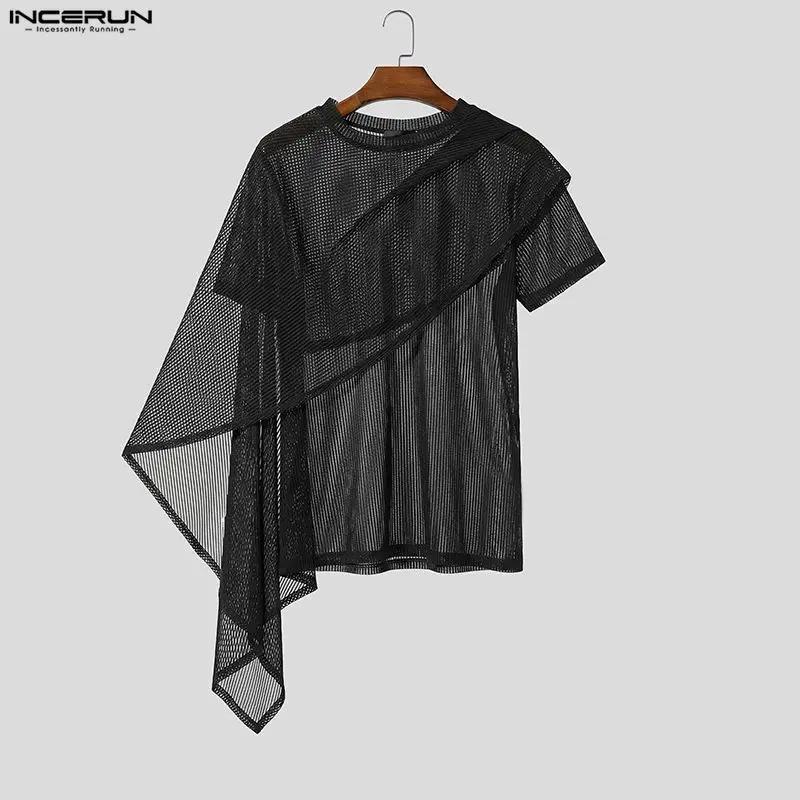INCERUN T-shirts irréguliers pour hommes, rayés, en maille unie transparente, hauts pour hommes, châ