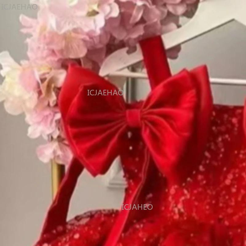 Nouvelle Robe de Soirée Princesse Rouge 2026 pour Filles, en Tulle Bouffant à Paillettes, Robe d'Ann