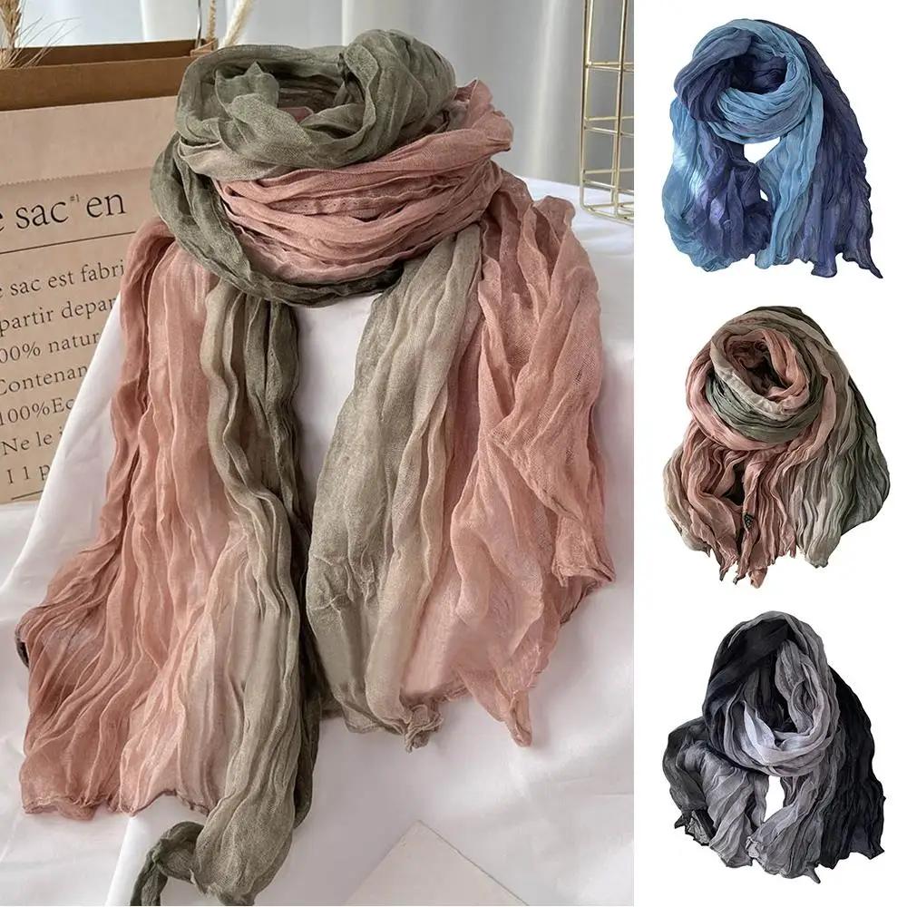 Écharpe en Coton et Chanvre pour Femme, Dégradé Bleu, Rétro Polyvalent, Imprimé, Long, Châle Doux, N