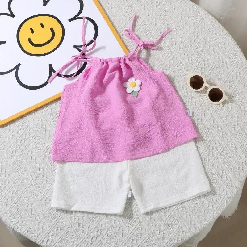 Ensemble deux pièces pour filles, gilet et short à fleurs, à la mode coréenne, vêtements quotidiens 
