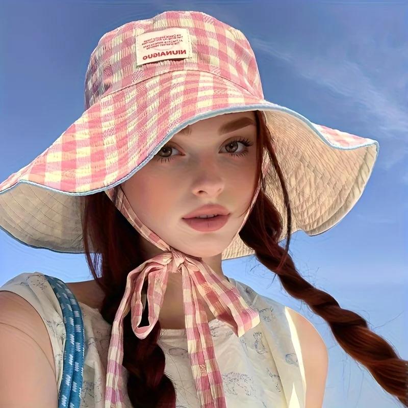 Chapeau de pêcheur à carreaux, pare-soleil de plage, bord de mer, tendance, double face, portable, p
