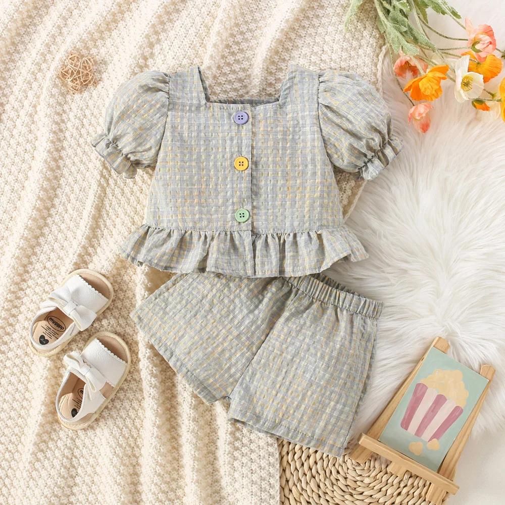 (0-3 ans) été bébé fille coton couleur Plaid bulle manches haut et short ensemble mignon princesse S