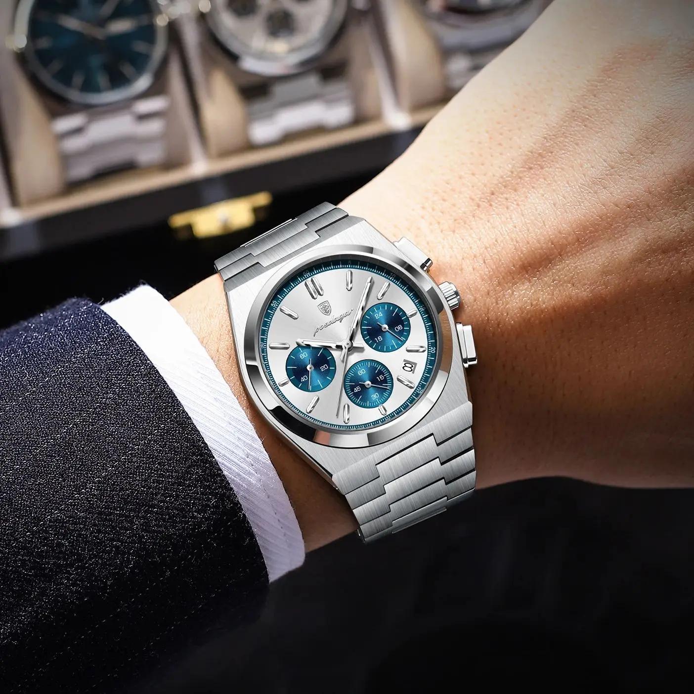 POEDAGAR montre de luxe homme chronographe Date acier inoxydable Sport hommes montre-bracelet étanch