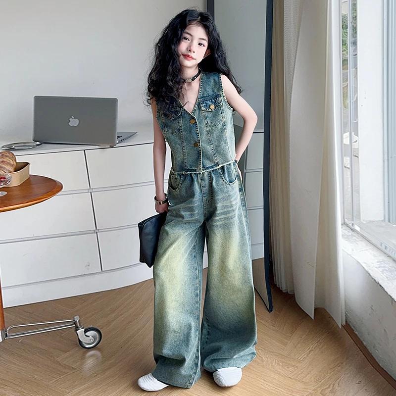 Haute couture enfant Streetwear jean ensemble pour filles décontracté Denim 2 pièces costume tenues 