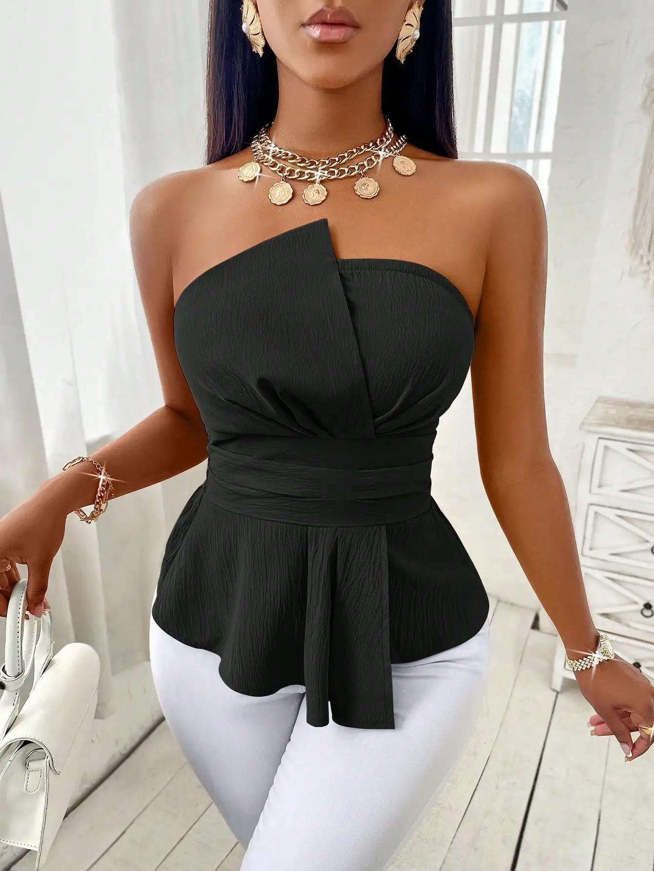 Haut sans bretelles pour femme, noir uni, coupe ajustée, style peplum, devant croisé, taille ceintur
