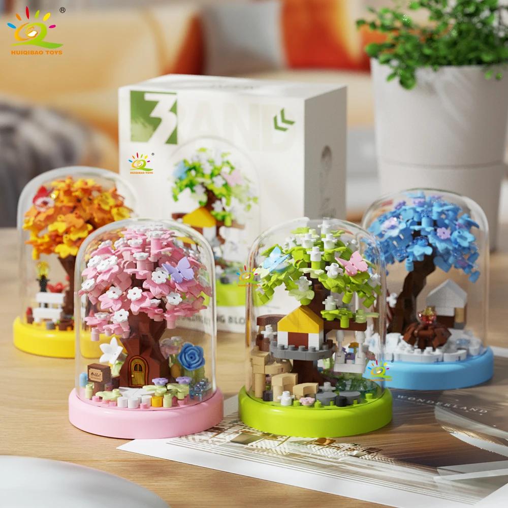 HUIQIBAO MOC Mini maison dans les arbres quatre saisons avec boîte d'affichage modèle Micro bloc de 