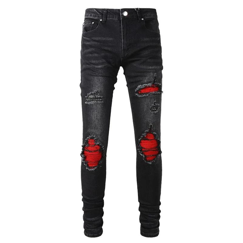 Jean de motard plissé rouge craquelé pour hommes, Streetwear, pantalon en Denim extensible, slim, ef