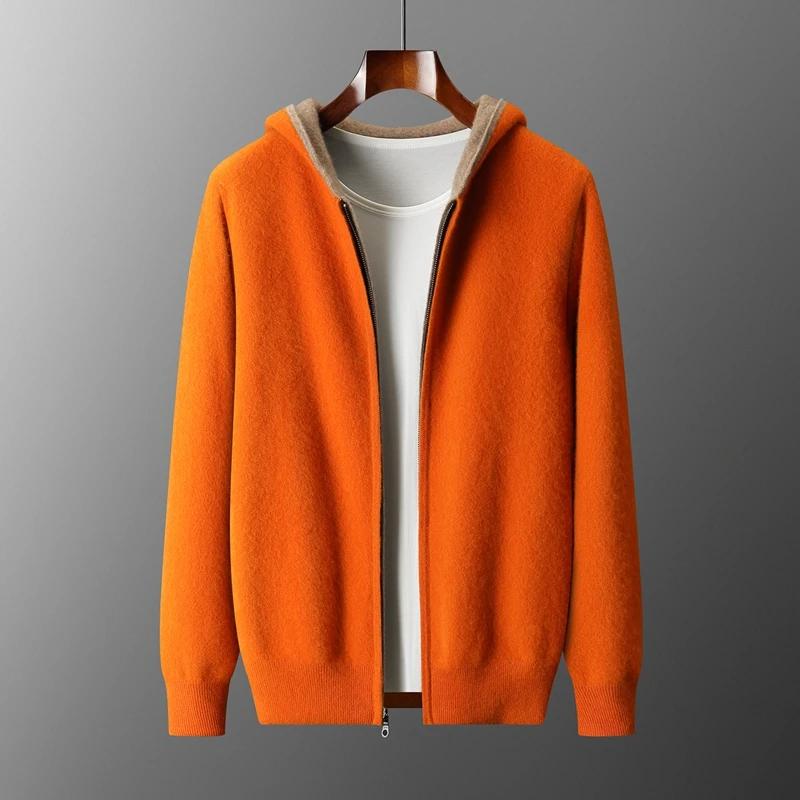 Épais à capuche hommes fermetures éclair Pure laine pull Cardigan automne hiver 100% laine tricots D