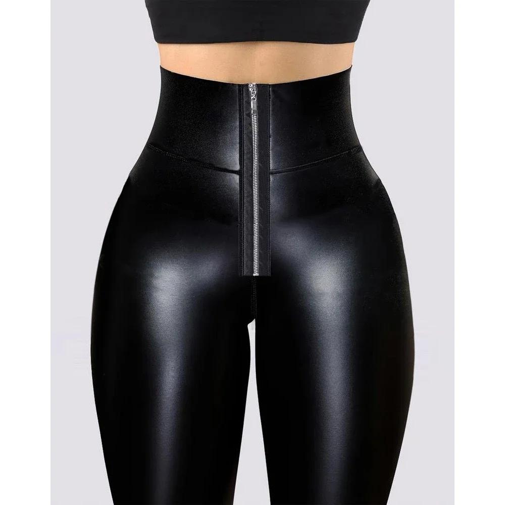Leggings en similicuir taille haute pour femme, effet ventre plat et rehaussement des fesses, coupe 