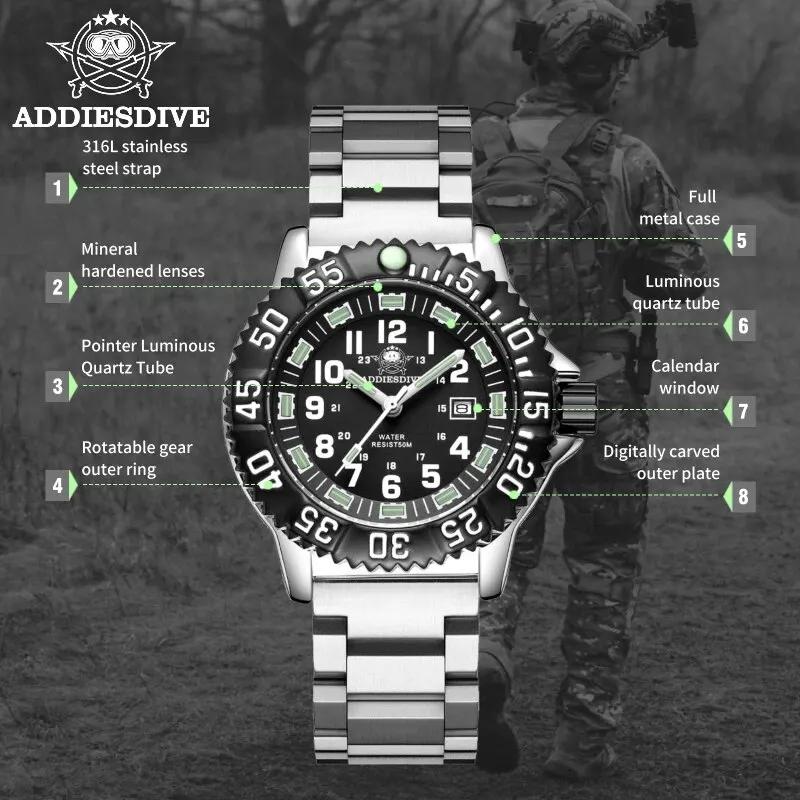 Addies Dive-Montre à quartz décontractée pour homme, affichage du calendrier, étanche 50m, tube, cad