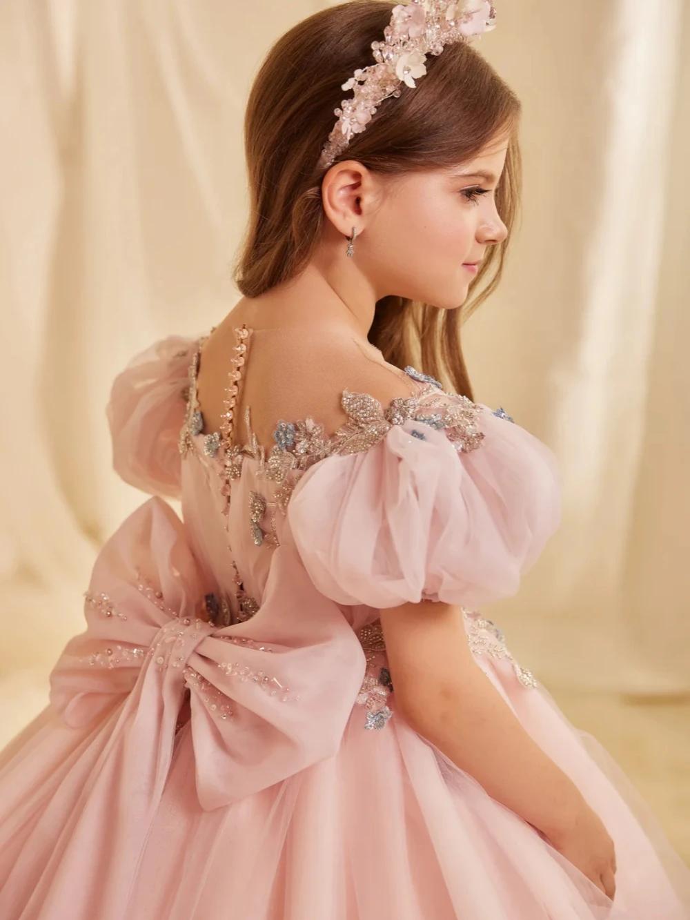 Robe de princesse en dentelle perlée brodée rose pour filles, tenue de fête d'anniversaire avec nœud