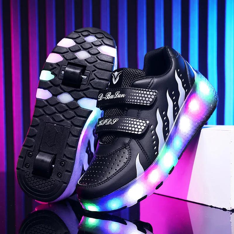 Baskets lumineuses à deux roues pour enfants, chaussures à roulettes avec lumière LED rose, chaussur