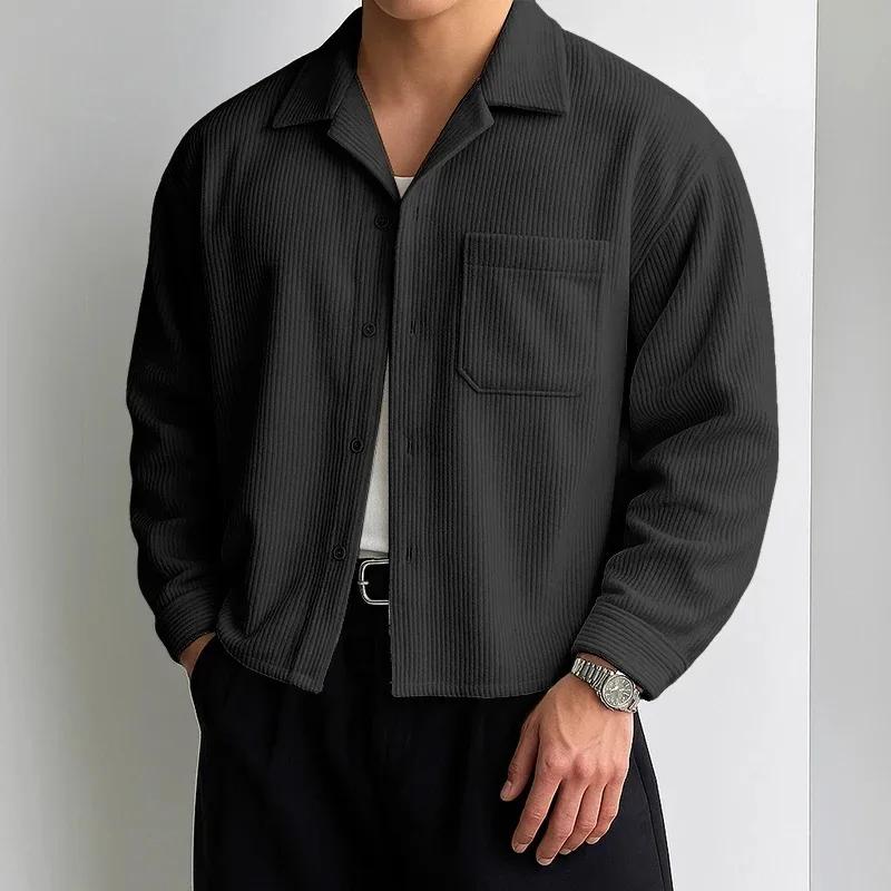 Chemises courtes en velours côtelé pour hommes, manches longues, couleur unie, col de costume, chemi