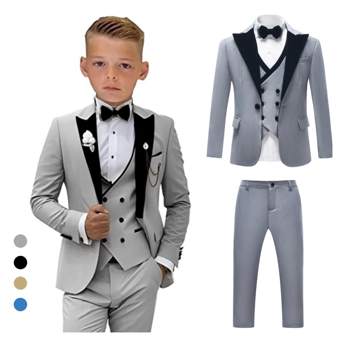 Ensemble de costume formel pour garçons, avec col en velours, Blazer à un bouton, gilet, pantalon, n