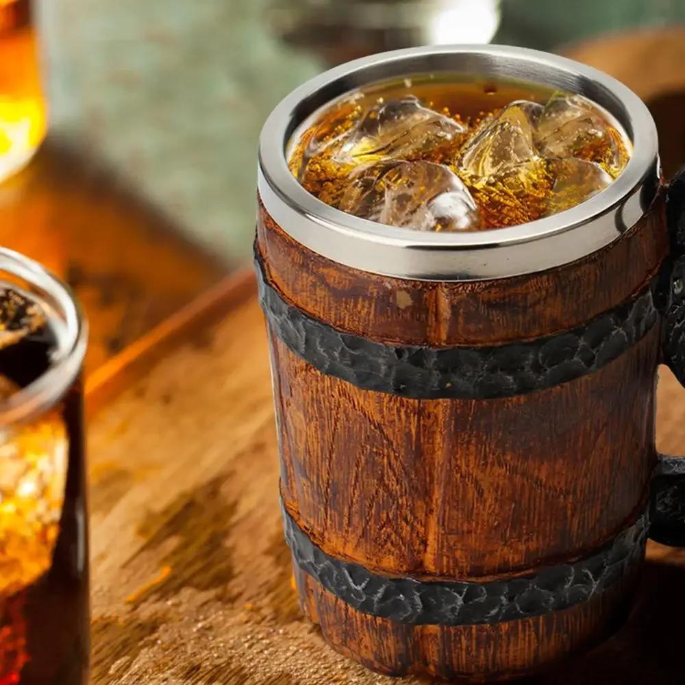 Tasse à Bière en Bois de Style Viking, Simulation de Baril en Bois, à Double Paroi, Isolée en Métal,