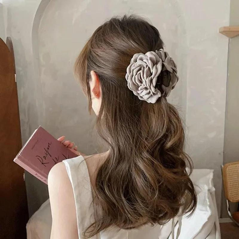 Pinces à cheveux en tissu français pour femmes et filles, pinces à cheveux fleur rose, épingles à ch