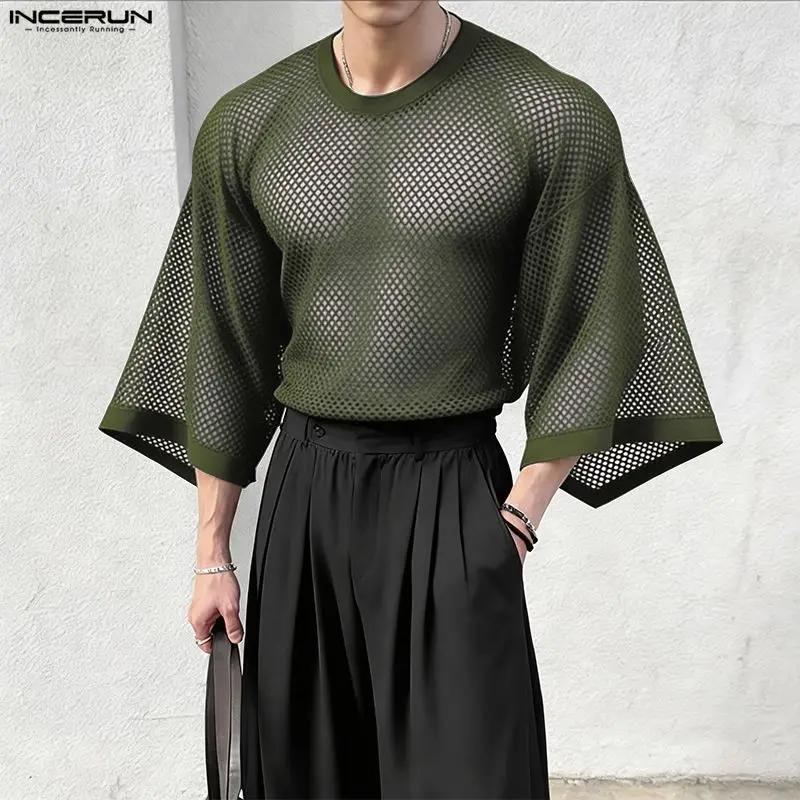 INCERUN T-shirt Homme Uni en Maille Transparente Sexy Oversize Vêtements Streetwear 2026 Manches 3/4