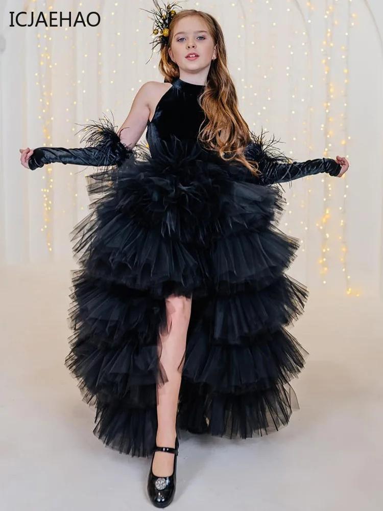 Robe en tulle multicouche noire à col licou ICJAEHAO, sans gants, robe d'été pour filles, costumes p