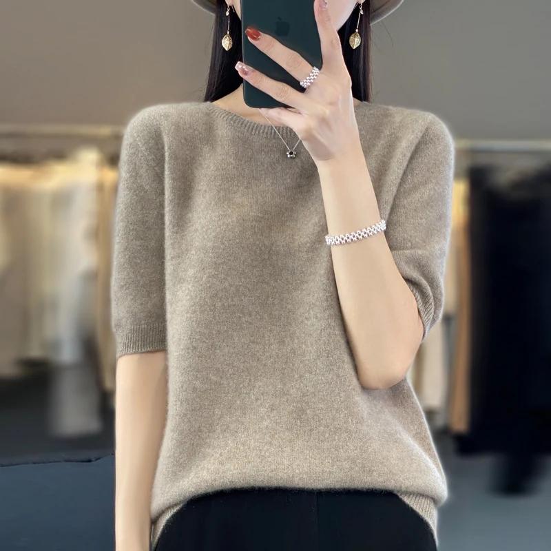 T-shirt tricoté à col rond pour femme, 100% laine mérinos, pull coréen à manches courtes, basique, c