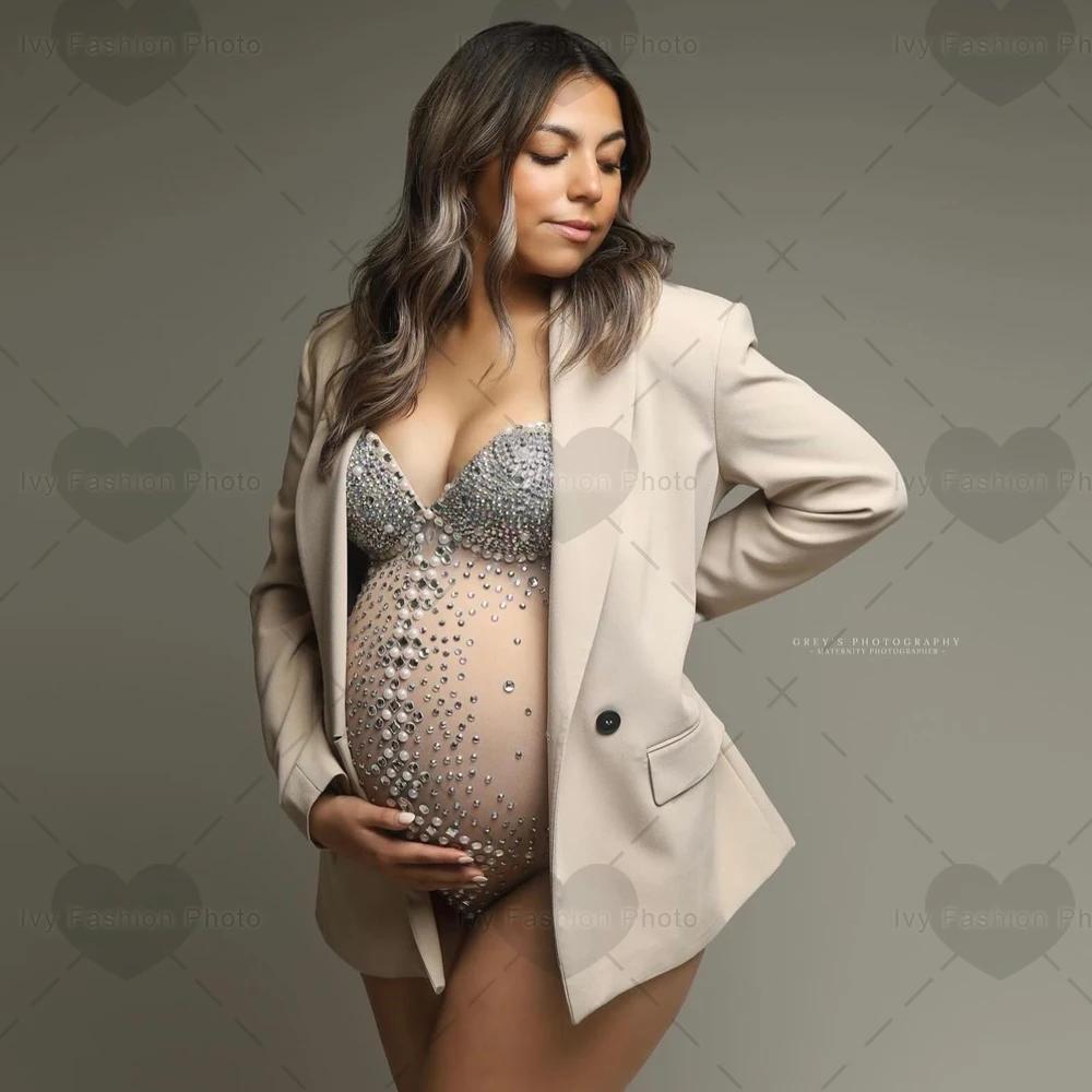 Combinaison de maternité Sexy à haute élasticité, body en tissu Spandex avec perles d'eau et diamant