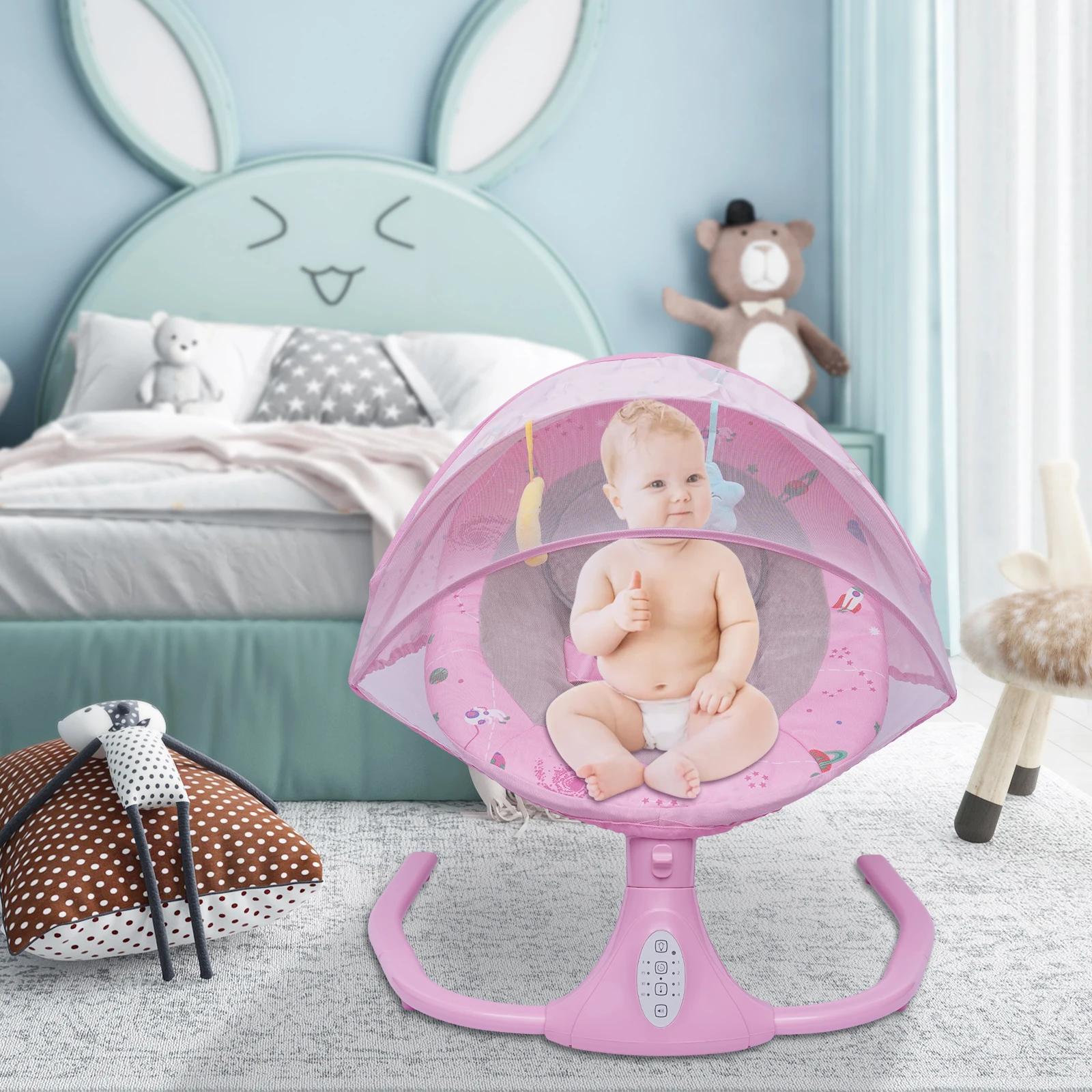 Transat bébé rose, réglable sur 3 positions et 4 vitesses de balancement, 12 berceuses Bluetooth, ca