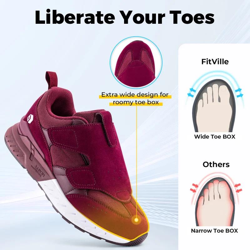 FitVille Chaussures de marche pour femmes diabétiques à coupe large avec fermeture à sangle, baskets