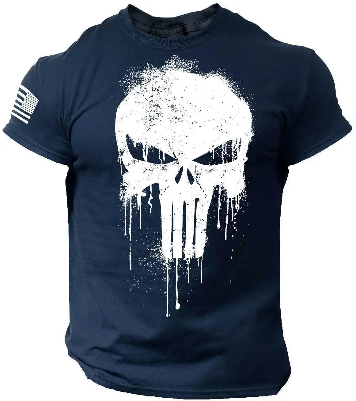 T-shirt pour hommes impression 3D crâne patriotique militaire tombant t-shirt surdimensionné à manch