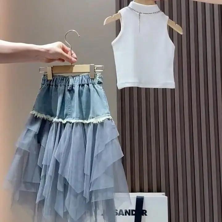 Ensemble été fille version coréenne 2025 - Débardeur + jupe cowboy + veste - Style bébé tendance