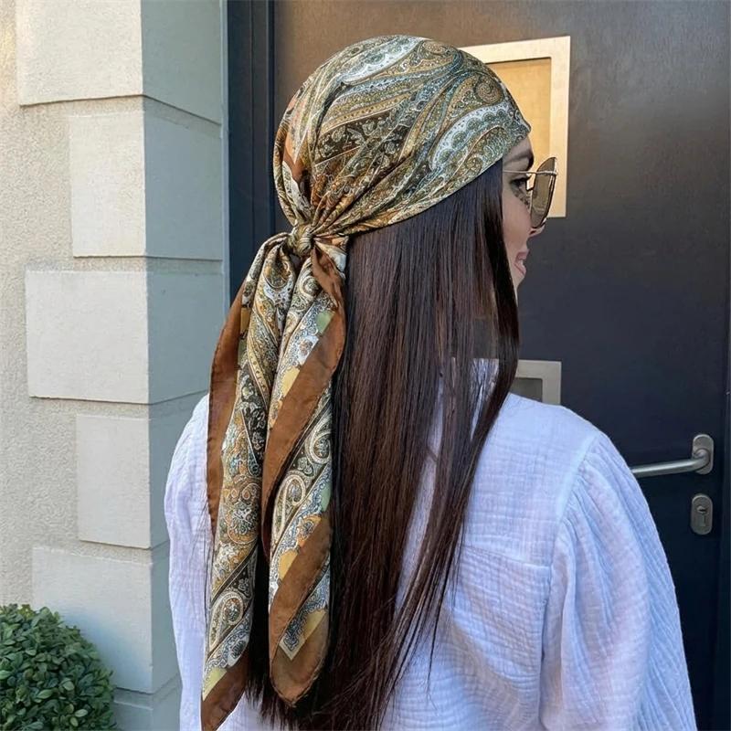 Foulard carré en Satin de soie pour femmes, Foulard de plage, Bandana pour dames, bandeau pour cheve