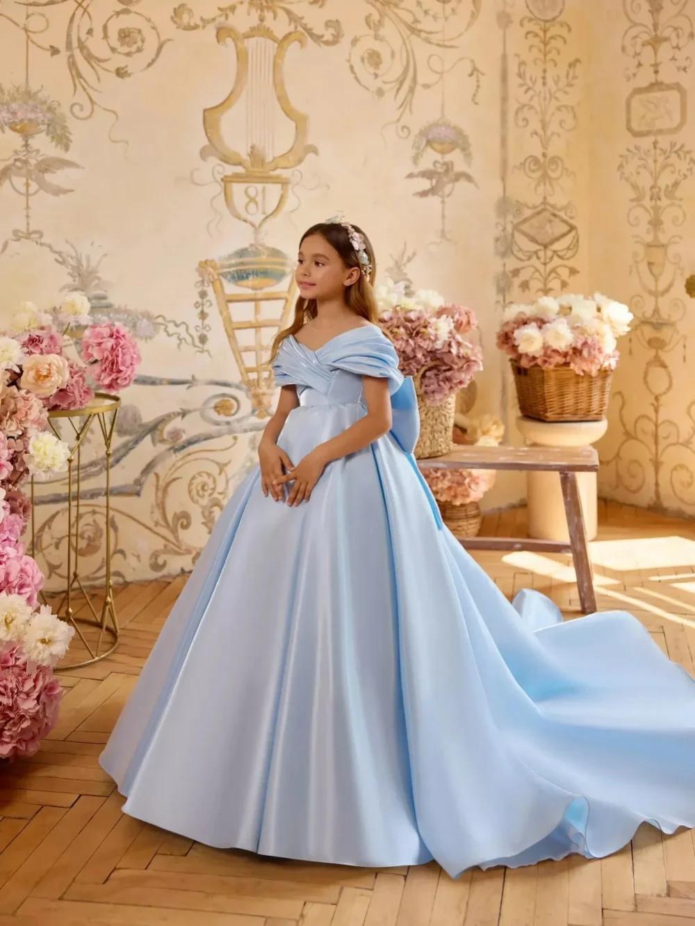 Robe longue de princesse en satin bleu clair pour enfants, tenue de fête d'anniversaire, épaules dén