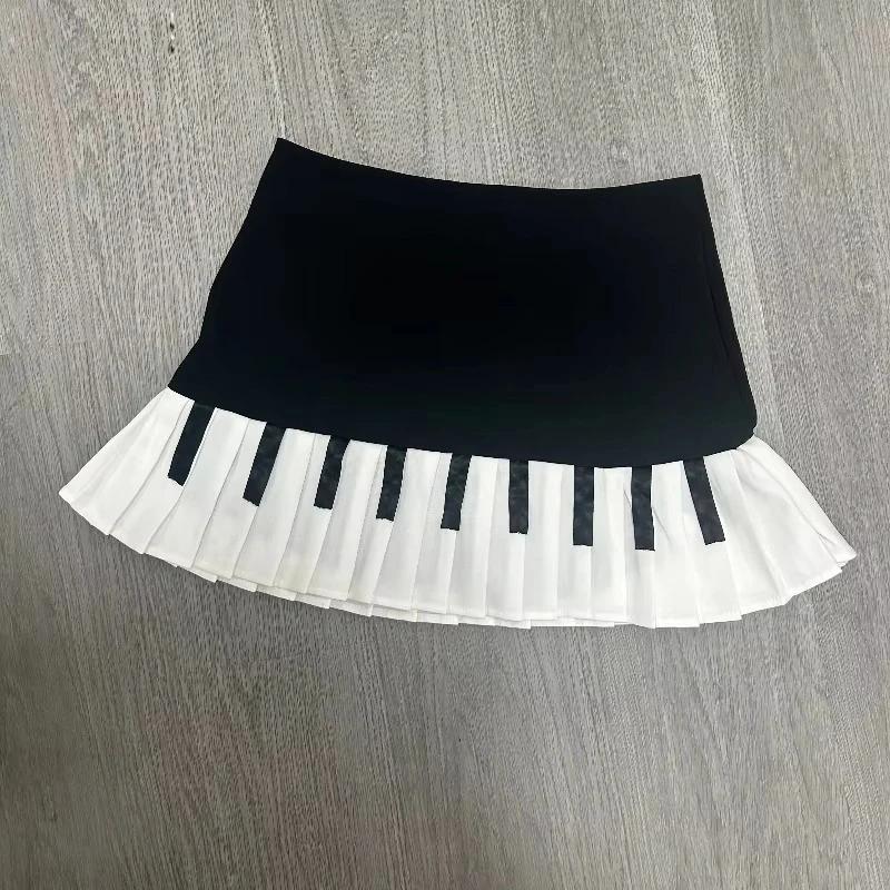 Jupe plissée vintage piano noir et blanc de style doux et épicé pour femmes, nouveau design de print