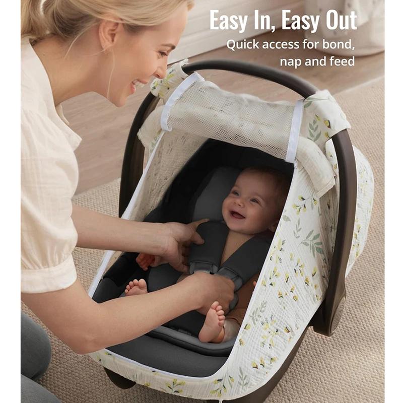 Housse de siège auto pour bébé en coton mousseline respirant avec grande fenêtre en maille, auvent d