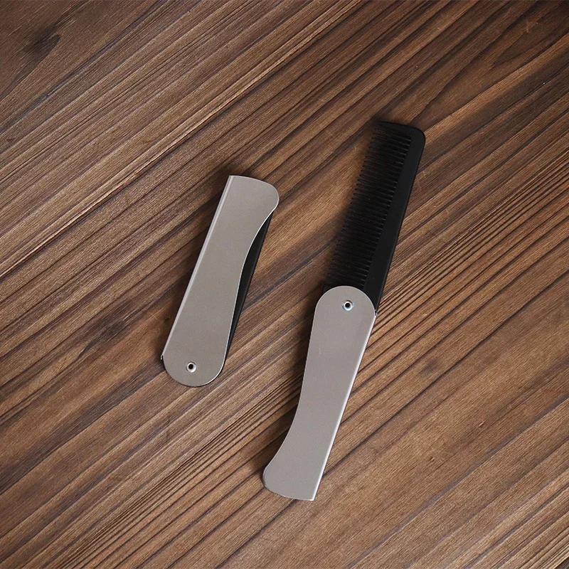 Peigne de poche pliable antistatique en acier pour hommes, tête d'huile, peigne à barbe Portable, ou