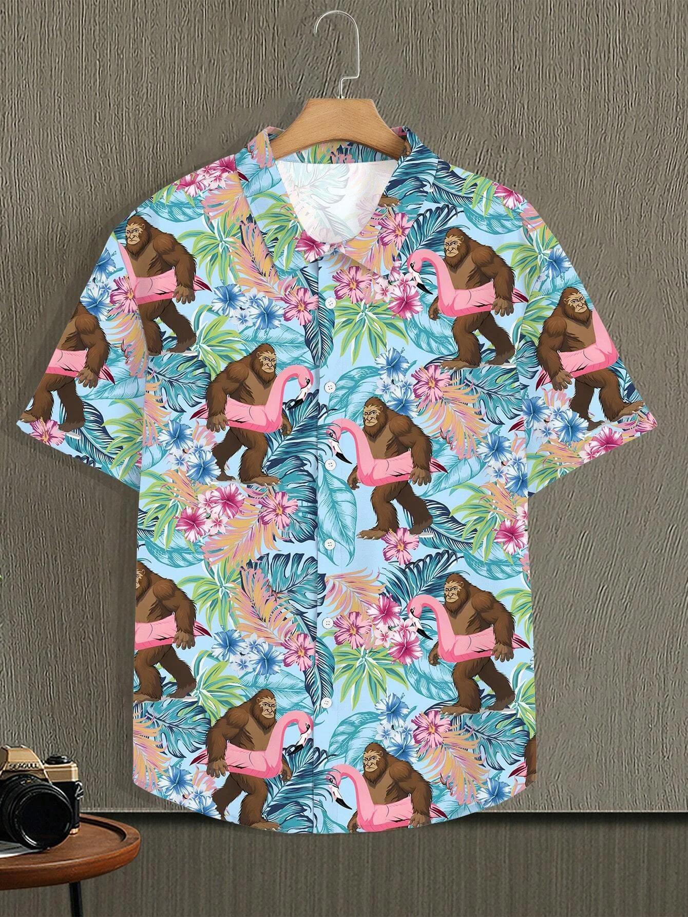 Chemise à manches courtes imprimée Allover pour hommes, col rabattu, fermeture à bouton complet sur 