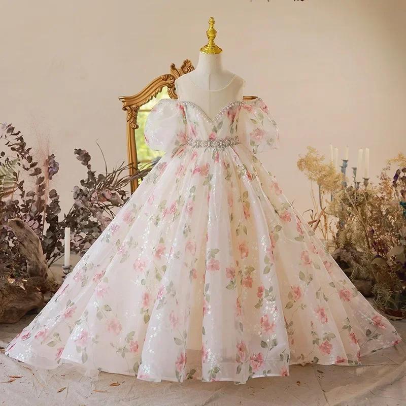 Robes pour enfants pour mariage, robe longue florale pour demoiselle d'honneur, robe de soirée vinta