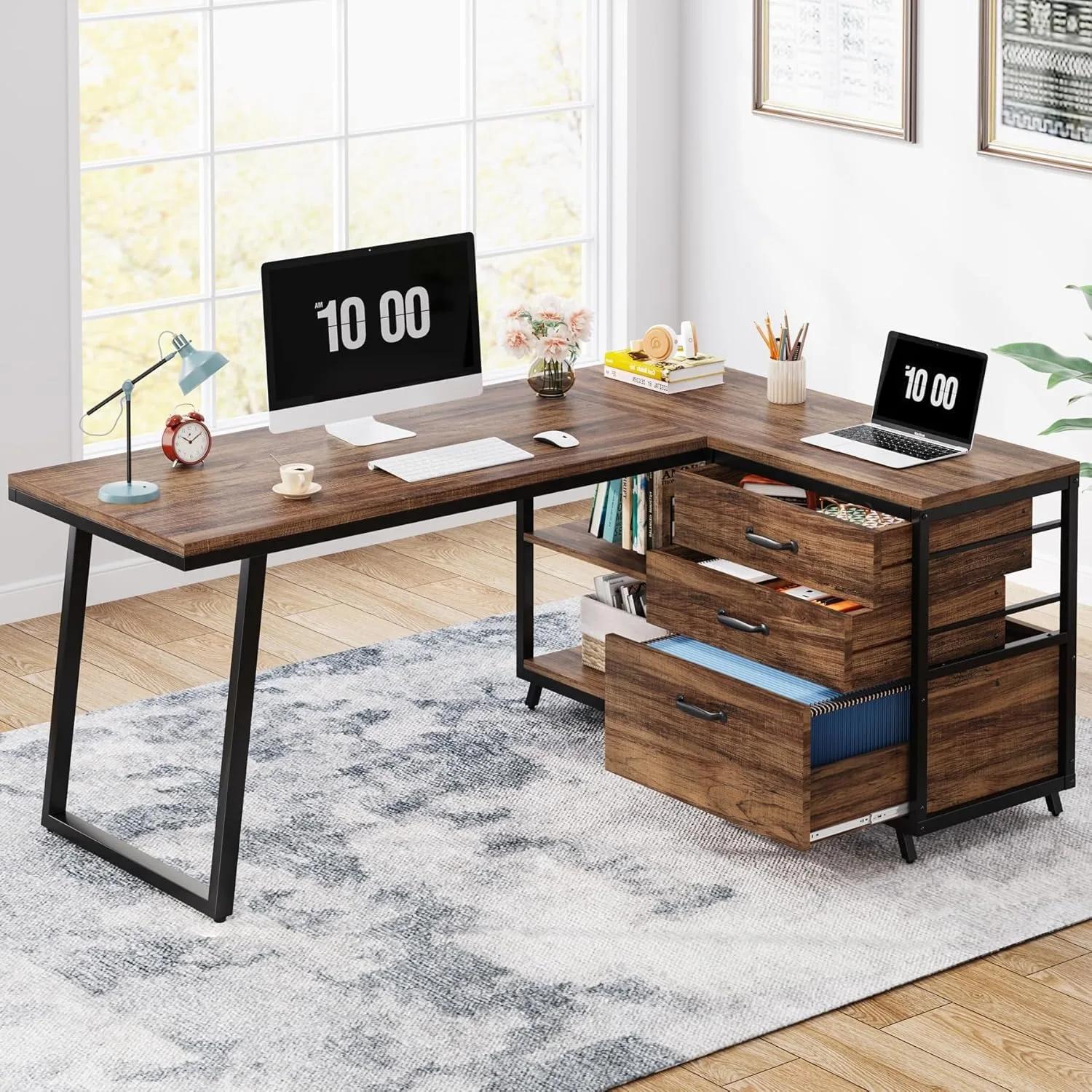 Bureau d'ordinateur en forme de L avec 3 tiroirs, bureau à domicile avec étagères, bureau PC industr
