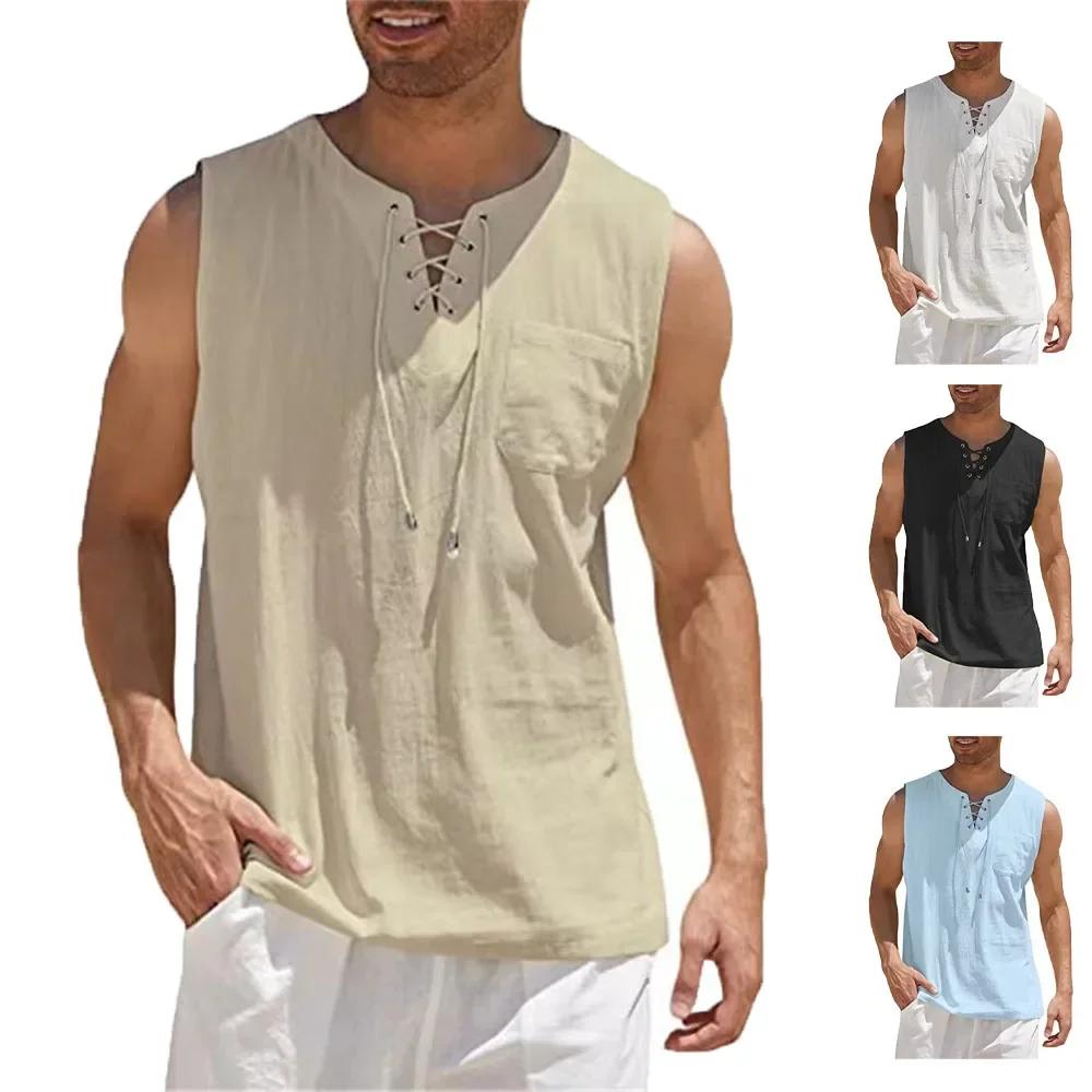 Chemises en coton et lin pour hommes, chemises à lacets rétro, chemise à col en V, précieux, chemise