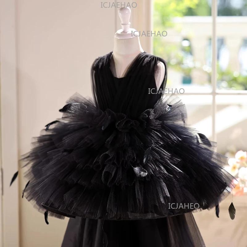 Robe de princesse noire pour filles, tenue de performance au piano, robe de soirée, tenue de cérémon
